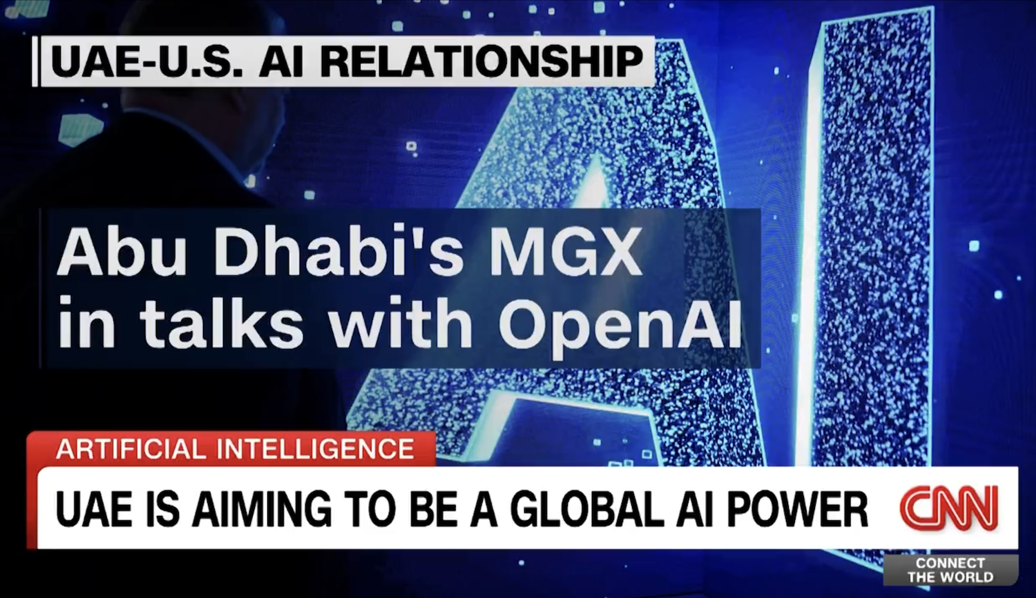 Financial segment on CNN, showing title Abu Dhabi's MGX in talks with OpenAI