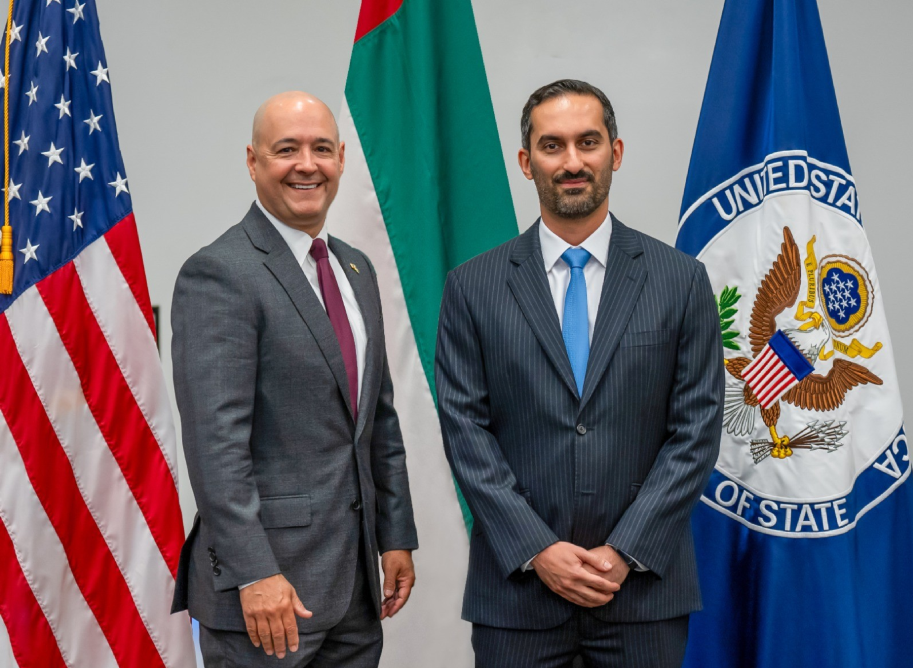 Pictured are H.E. Khalid Abdulla Belhoul, Undersecretary of the UAE Ministry of Foreign Affairs, and H.E. Hugo Rodriguez, Acting Assistant Secretary at the Bureau of Consular Affairs in the U.S. Department of State standing next to each other. 