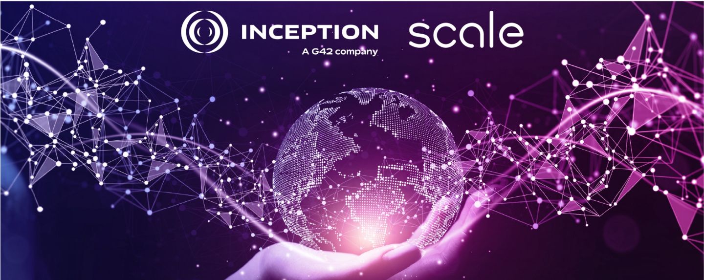 Person holding graphic globe image in hand with Scale AI and Inception partnership text. 